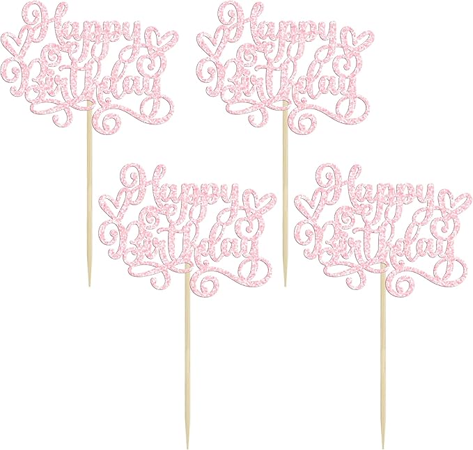 Gyufise 24Pcs Happy Birthday Cupcake Toppers Glitter Happy Birthday Cupcake Picks for Celebrating Happy Birthday Anniversary Theme Party Cake Decorations Supplies Light Pink