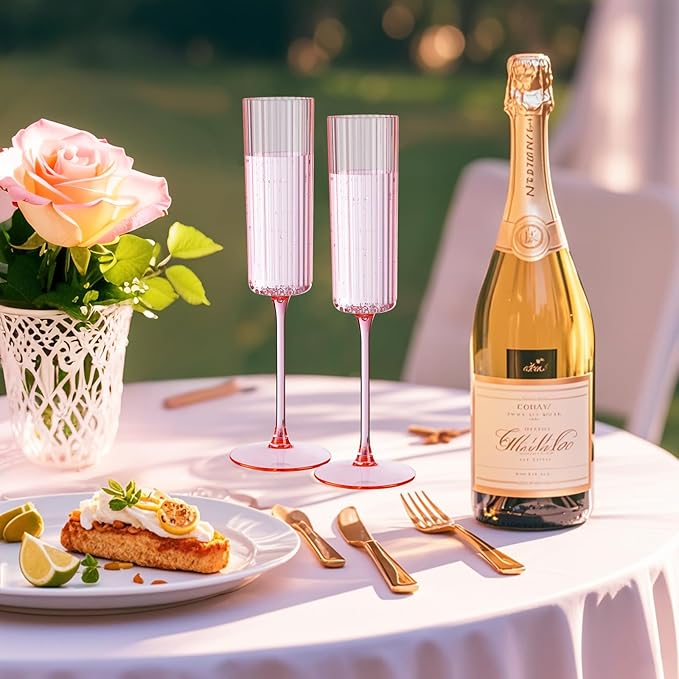 Ciaell 24 Pack Pink Plastic Champagne Flutes - 6oz Ribbed Disposable Champagne Glasses - Pink Vintage Mimosa Glasses with Long Stem, Elegant & Lightweight for Weddings and Party