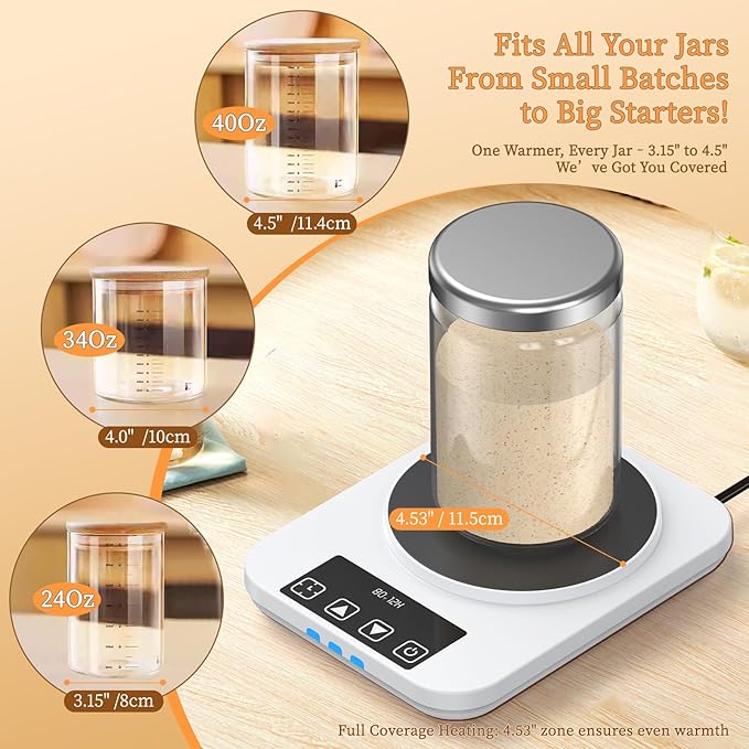 Sourdough Starter Warmer 70-100°F Precision Control (±1°F), Waterproof Temp Strip, 12H Timer & Auto Shutoff, Fits 40oz Jars (Jar Not Include) US Plug, BPA-Free