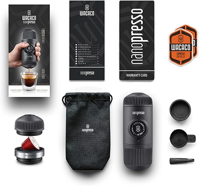 WACACO Nanopresso Portable Espresso Maker Bundled with NS Adapter, Compatible with NS Capsules and Ground Coffee, Manually Travel Coffee Machine Set, Perfect for Camping