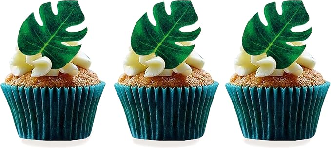 48pcs Edible Tropical Turtle Leaves Cupcake Toppers, CGHCEAI Palm Leaves Cake Decoration For Hawaii Theme Jungle Party Cake Toppers Birthday Party Supplies