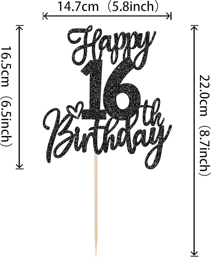 1 PCS Happy 16th Birthday Cake Topper Glitter Cheers to 16 Years Birthday Cake Pick Sixteen Sweet 16 Cake Decoration for Happy 16th Birthday Anniversary Theme Party Decorations Supplies Black