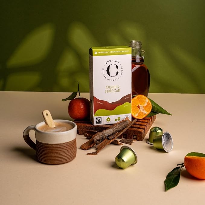 Cru Kafe USDA Organic Half Caff Espresso Coffee Capsules (50 Pods) Fairtrade Coffee Pods Compatible with Nespresso Original Line and Pixie Machines