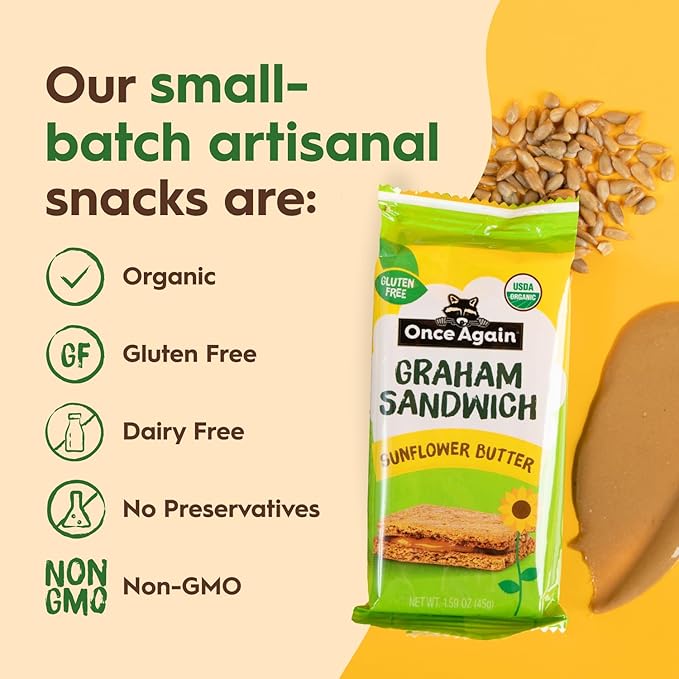 Once Again Sunflower Butter Graham Sandwiches - Gluten Free Snacks for Kids & Adults - Sandwich Crackers with Organic Sunflower Seed Butter - Vegan, Nut Free Snacks for Lunch & School, 8 Count