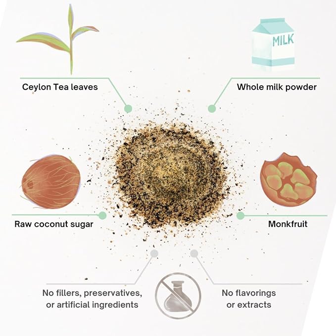 Kola Goodies Lazy Girl Tea ??Instant Sri Lankan Milk Tea Powder with Ceylon Loose Leaf Tea, Monk Fruit, Coconut Sugar ??Low Caffeine Chai Latte Mix ??No Refined Sugar ??10 Sachets