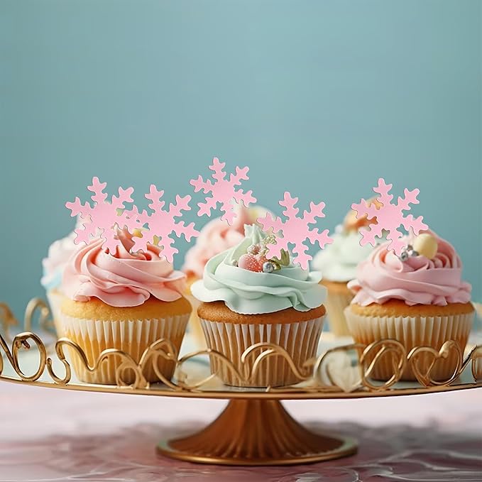 Rsstarxi 50 Pack Pink Edible Snowflake Cake Decorations Snowflakes Cupcake Toppers Winter Frozen Snowflake Cake Decorations for Baby Shower Kids Birthday Winter Party Decorations