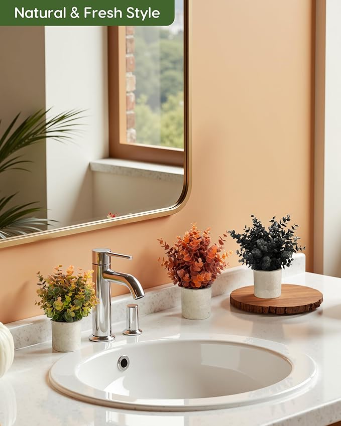 Velener 3 PCS Small Fake Eucalyptus Plant Artificial Potted Plants Indoor for Desk, Shelf, Home Decor Realistic Faux Plant for Office, Bathroom, Living Room Decoration (Fall Green/Orange/Black)