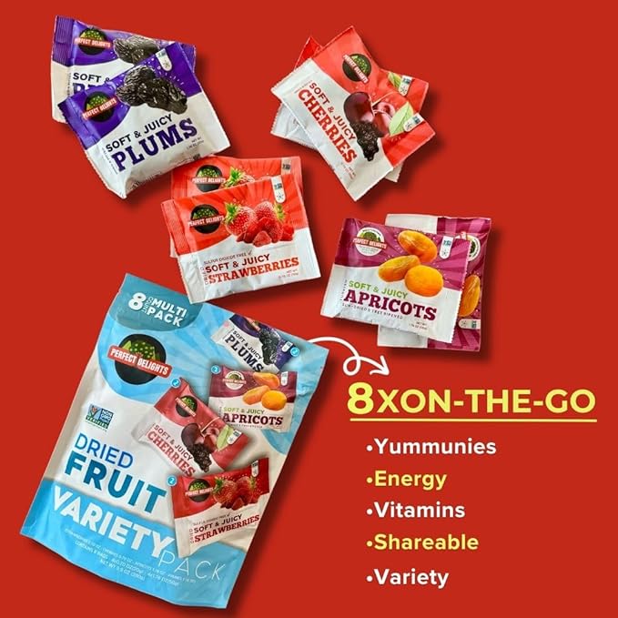 Perfect Delights Multipack Sun-Dried Fruits, Vegan, Healthy Snack Packs, Dried Fruits On-the-Go, Variety Fruit Pack For Kids & Adults, Apricots, Plums, Sour Cherries, Strawberries (8 Pack/ 2 of Each)