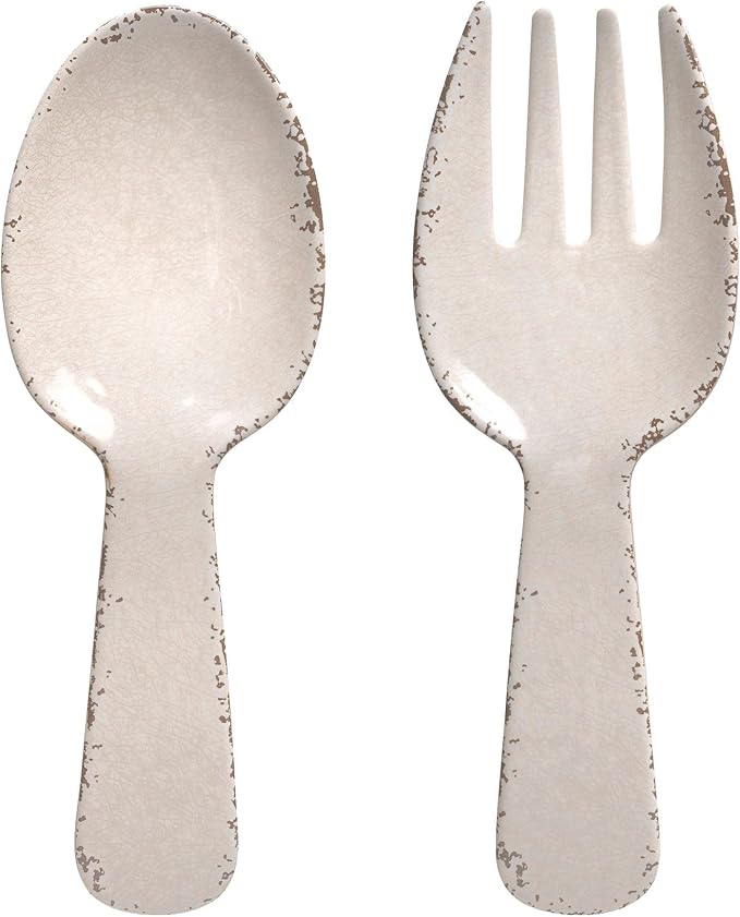 UPware Crackle Melamine Salad Servers, Serving Utensil Set, Includes Serving Fork and Spoon for Tossing Salad, Pasta, Cream, 10.75 Inch, Set of 2