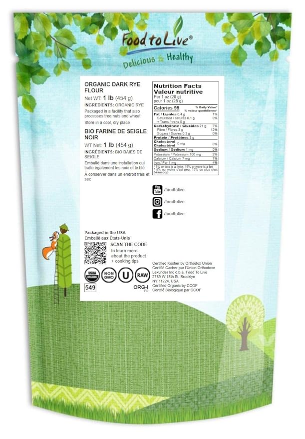 Food to Live Organic Dark Rye Flour, 1 Pound ??Whole Grain, Non-GMO, Stone Ground, Kosher, Raw, Vegan, Bulk, Great for Baking Bread, Product of the USA