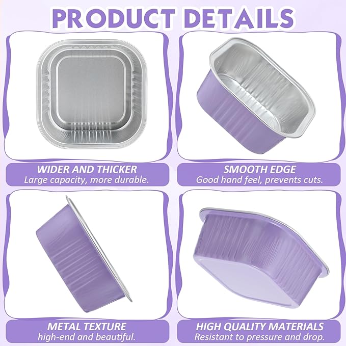 Aoriher 150 Pieces 10 oz Mini Cake Pans with Lids Aluminum Foil Baking Cups Square Disposable 4" x 4" Large Cupcake Cups Baking Tins for Kitchen Brownie Pudding Desserts Holders(Taro Purple)