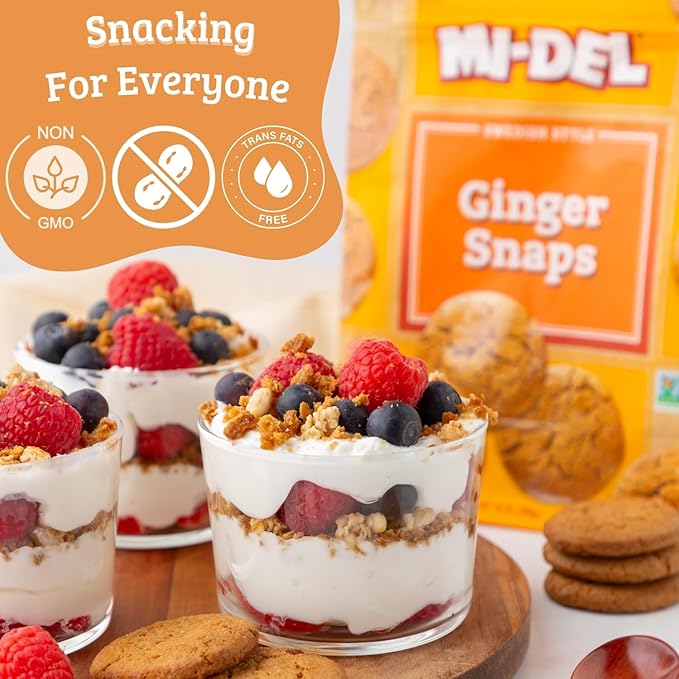 Mi-Del Ginger Snaps - Crunchy Ginger Cookies Made with Real Ginger - Swedish Ginger Snaps Cookies Old Fashioned - Non-GMO Certified, 0g Trans Fat, Healthy Cookies (Pack of 8)