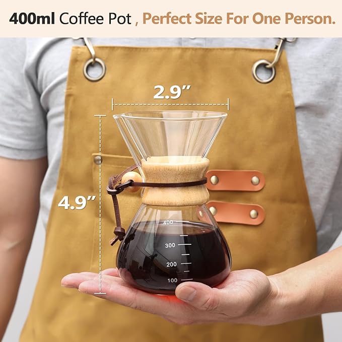 Pour Over Coffee Maker 14 OZ, 4 Cup Borosilicate Glass Drip Coffee Maker with Reusable Stainless Steel Filter and Cork Grip for Home Caf챕 400 ML