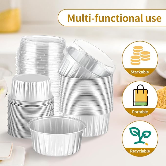 100Pack Alluminum Cupcake Containers, 5oz Dessert Cups with Lids, Mini Cake Pans With Lids&Spoons for Gift Holiday Party Cake Baking Sales Mini Storage Box Stackable Portable (silver)