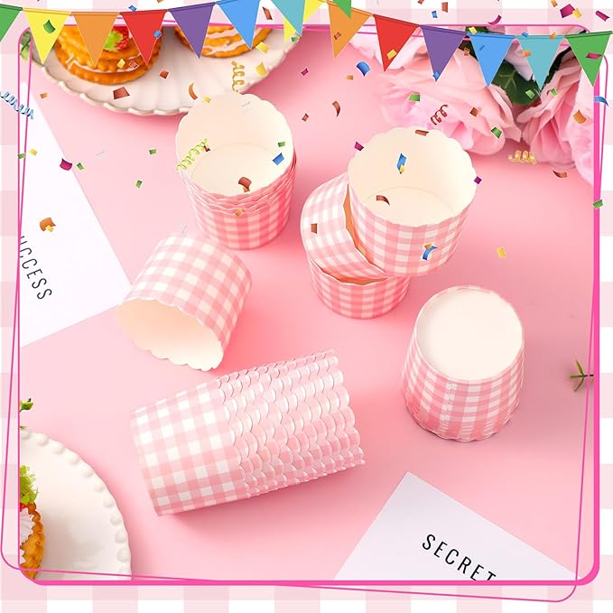 Vesici 150 Pcs Pink Gingham Ice Cream Cups 5oz Dessert Paper Bowls Gingham Scalloped Cupcake Cups Disposable Dessert Bowls for Food Sundae Frozen Yogurt Soup Party Supplies