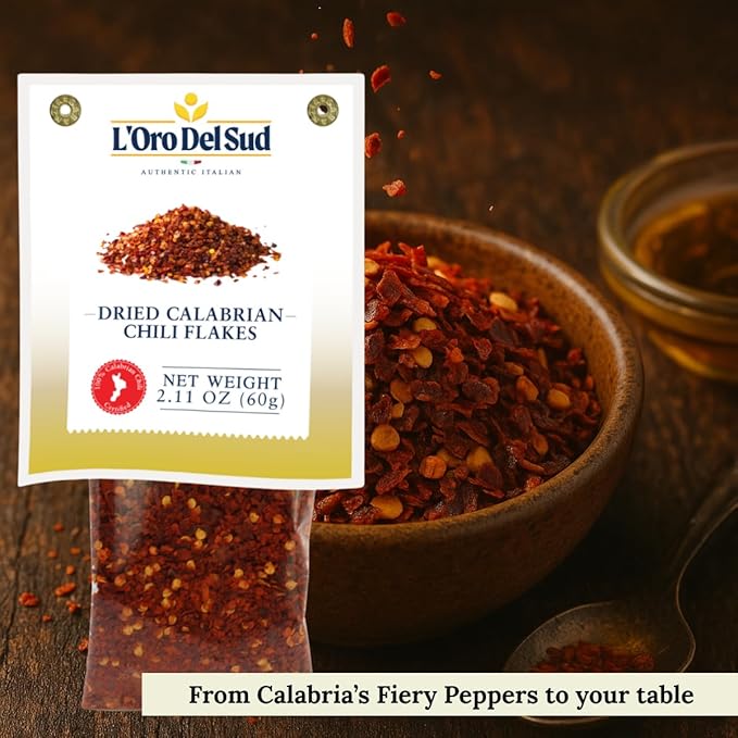 Dried Calabrian Chili Flakes, 2.11 oz (60 g), Crushed Hot Chili Peppers, Non-GMO, Calabrian Chili Certified, Product of Italy, L'Oro Del Sud