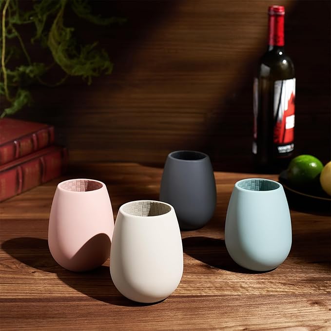 Unbreakable Silicone Stemless Wine Glassware | Set of 4 | Reusable & Shatterproof Tumbler Drinkware for Wine, Water, Cocktails, Champagne Glass for Parties, Beaches, Boats (Pink, Black, Blue, Tan)