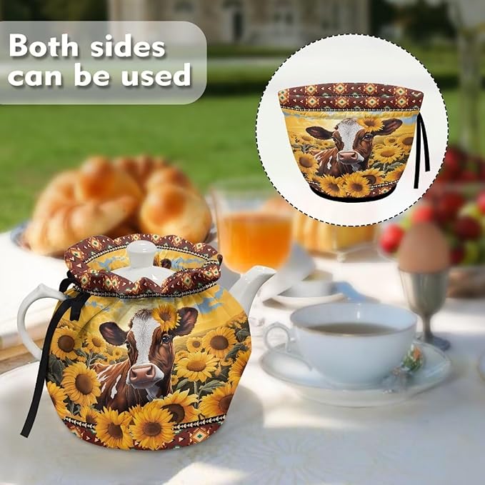 Highland Cow Tea Cozy for Teapot Insulated Sunflower Tea Pot Cover for Party Gifts Cattle Wildlife Tea Cosy for Teapot Home Decor Tea Pot Cozy for Keeping Warm, I135CZA18-28
