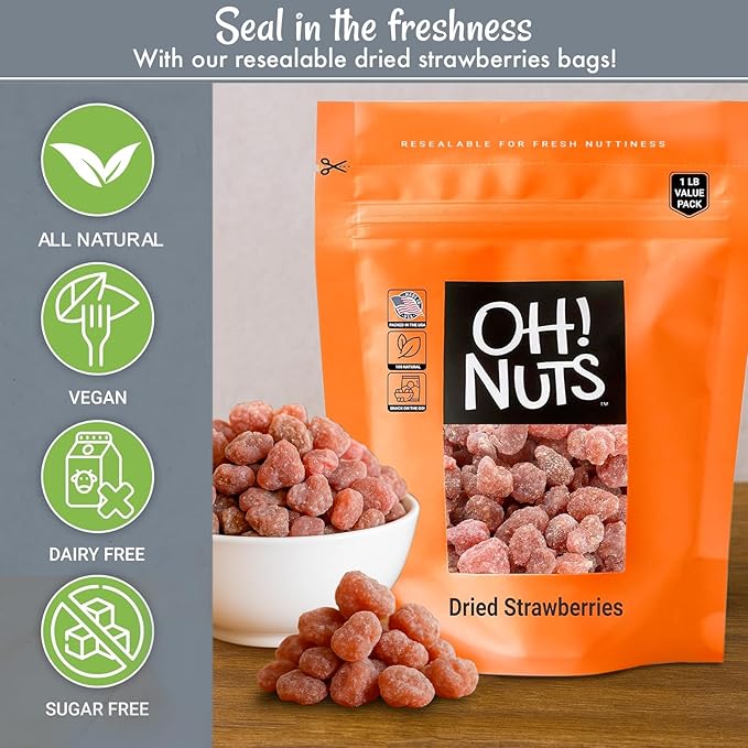 Oh! Nuts Dried Strawberries - 1 LB - Sweetened Dried Fruit - Dehydrated Fruit Bites - Packed in New York Zip-Seal Bag for Exceptional Freshness