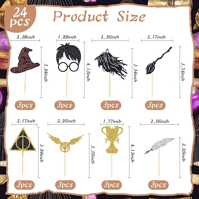 24 Pcs Black Magical Wizard Cupcake Toppers Gold Wizard Hat Flying Broomstick Cupcake Picks Magical School Theme Birthday Halloween Cake Decorations Party Supplies