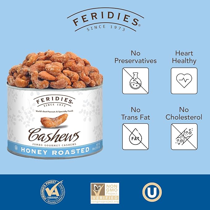 FERIDIES Jumbo Gourmet Honey Roasted Cashews - 18oz Can