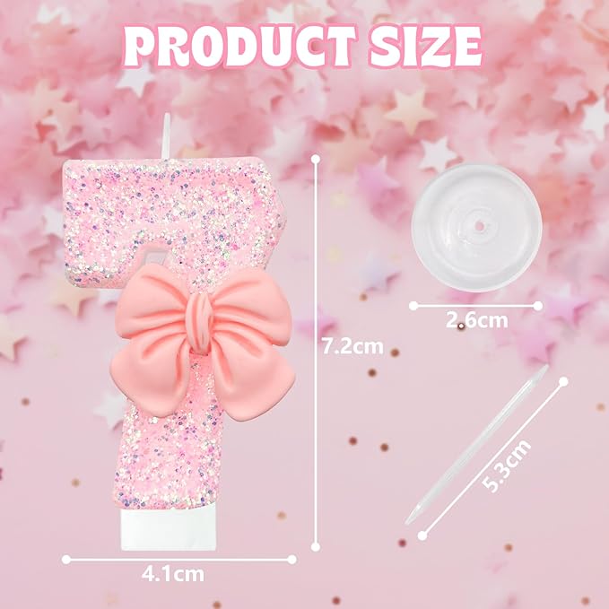 Pink Glitter Bow Birthday Candles, 7 Pack (0-9 Numbers, Eco-Friendly, Smokeless)