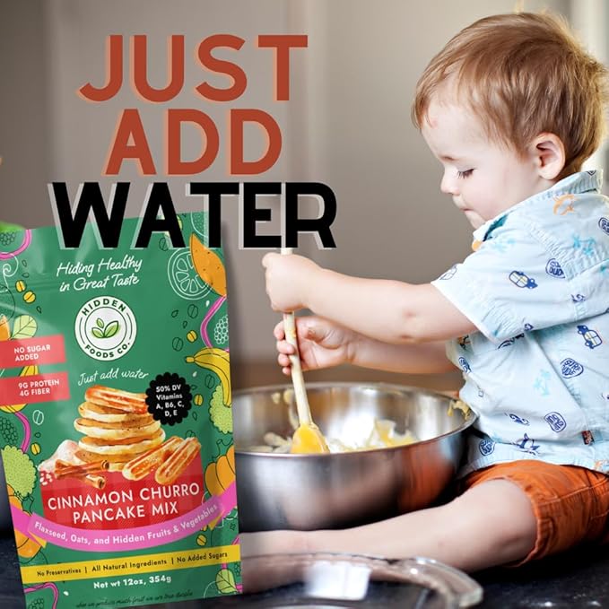 Hidden Foods Variety Pancake Mix 3-Pack | Cinnamon Churro, Homestyle & Chocolate Pancake Mixes | Protein & Fiber, Made with Natural Ingredients, Fruits, Vegetables, Wheat & Oat Flour | Just Add Water