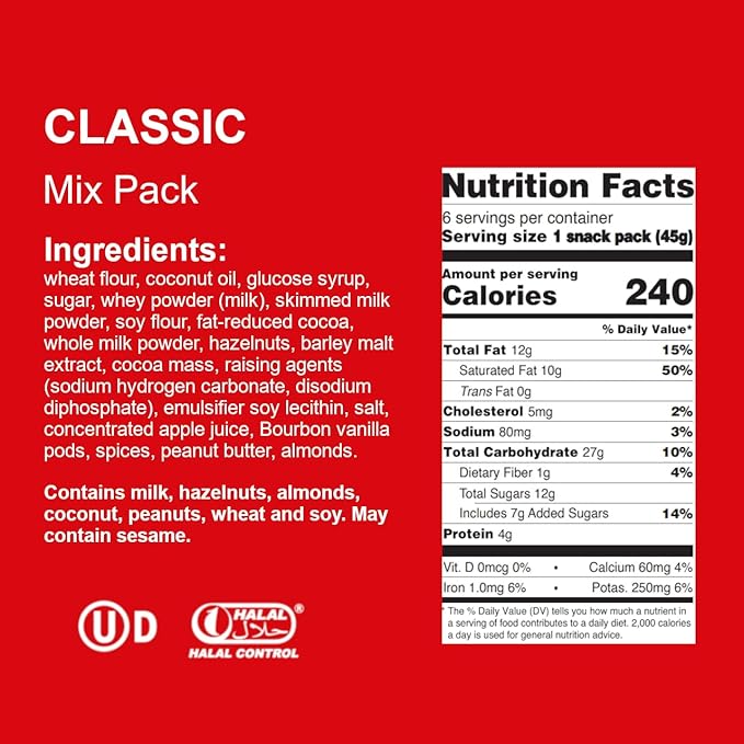 Loacker Classic Wafers Mix - Premium Assorted Crispy Wafer Cookies - Variety Pack - Hazelnut, Chocolate, Vanilla, Double Chocolate, Cocoa and Milk, Milk - 45g/1.59oz, Pack of 6