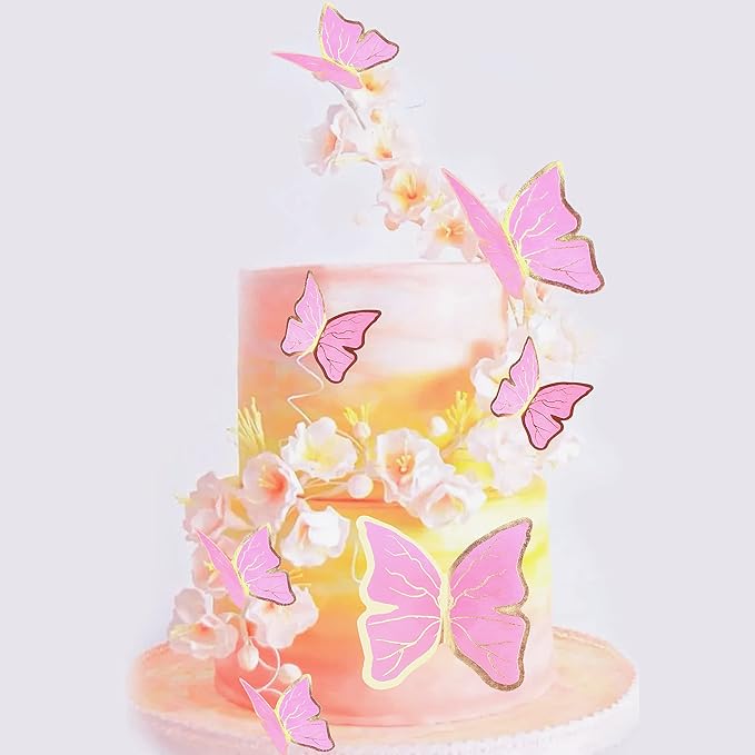 30pcs Pink Gold Edge Mixed Size Lively 3D Waterproof Butterfly Cupcake Topper for Girls Women's Happy Birthday Wedding Party Cake Wall Party Food Decorations