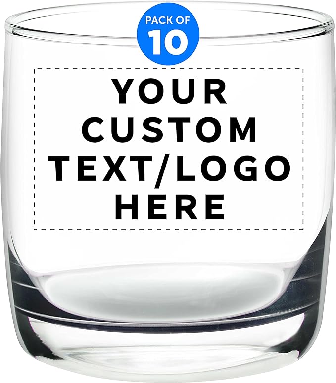 DISCOUNT PROMOS Custom Whiskey Glasses 10 oz Set of 10, Personalized Bulk Pack - Heavy Base Old Fashioned Glass, Perfect for Scotch, Bourbon, Whiskey, Cocktail - Clear Bottom Color