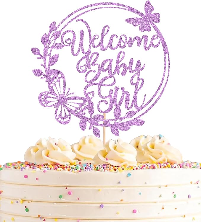 Welcome Baby Girl Cake Topper - Light Purple Glitter Baby Shower Cake Decorations, Baby Girl Cake Decor, for Baby Shower/Birthday Party/Gender Reveal Party Photo Booth Props