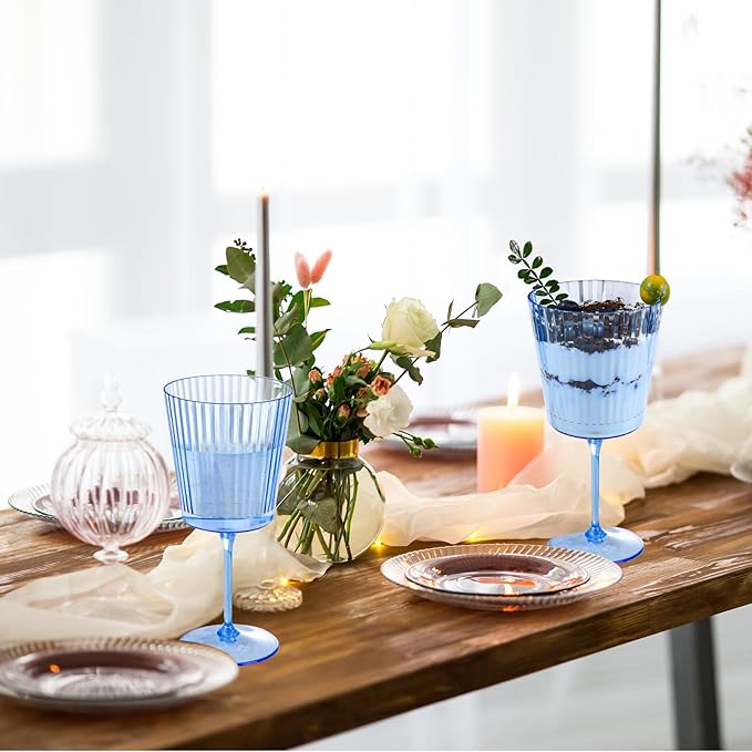 12 PCS Blue Ribbed Plastic Wine Glasses 13.5 OZ Ribbed Wine Glasses Detachable Wine Glass Elegant Fluted Glassware Vintage Style for Wedding Anniversary Birthday Dinner Parties(Blue, 12 Pack)