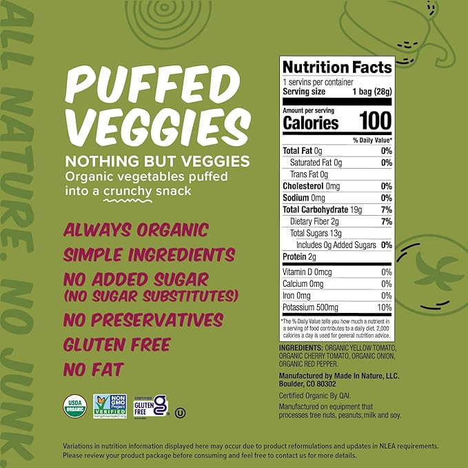 Made In Nature Organic Puffed Veg Medley, 1 Ounce (Pack of 6) ??Veggie Variety Pack, Vegan Snack, Non-GMO, Gluten Free, Kosher