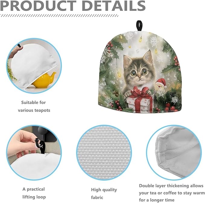 Christmas Cat Small Tea Pot Cozy Cover Teapot Insulation Cover for Extra Thick Wadding Tea Kettle Dust Cover for Housewife Tea Cosy for Teapot Home Kitchen Decorative Tea Cozies