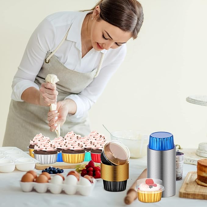 120 Pcs Aluminum Foil Baking Cups Mini Cake Pans with Lids 5 oz Cupcake Liners Disposable Muffin Tins Wrappers Baking Foil Ramekins Pans Aluminum Cupcake Cups for Birthday Party(Multicolor)