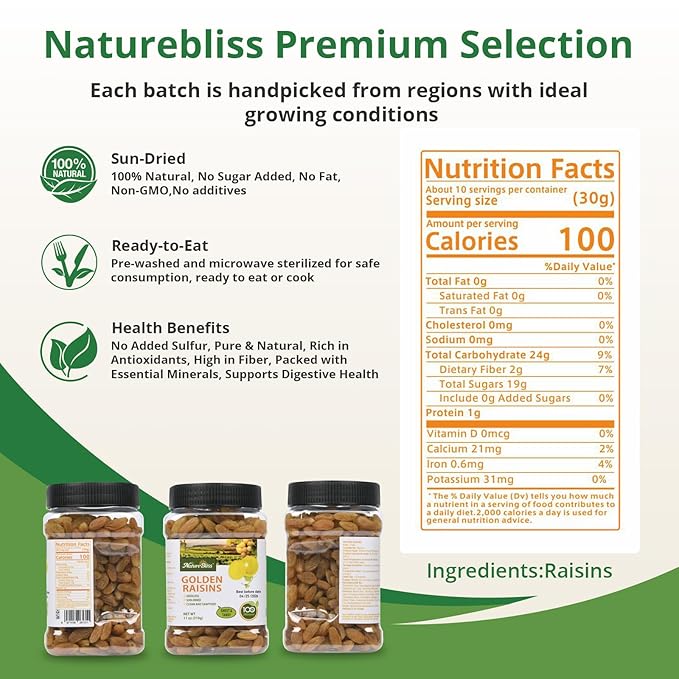 Naturebliss Premium Golden Raisins, Seedless Grape Dried Fruit Snacks, No Sugar Added, No Preservatives, Non-GMO, Naturally Shade-Dried Raisins, Healthy Power Gummy Snack (11 OZ/Pack of 1)