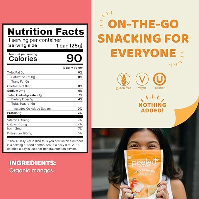 Peeled Snacks Organic Dried Fruit ??Healthy, Vegan Snacks for On-the-Go Lunch and More Mango 1 Oz (Pack of 24)