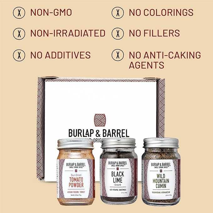 Burlap & Barrel Taco Seasoning Single Origin Spice Set - Wild Mountain Cumin, Sun-Dried Tomato, Ground Black Lime - As seen on Shark Tank - 3 Full Size in a Gift Box