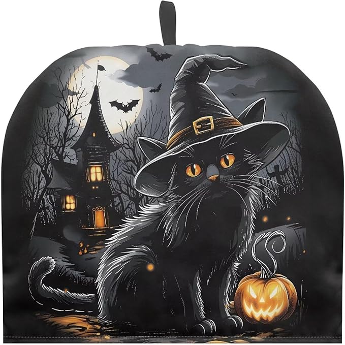 Halloween Black Cat Pattern Tea Cozy Kitchen Kettle Dust Cover Washable Teapot Dust Tea Kettle Cover for Tea Pot Halloween Decorative Kitchen竊뉰lack竊?"<div>