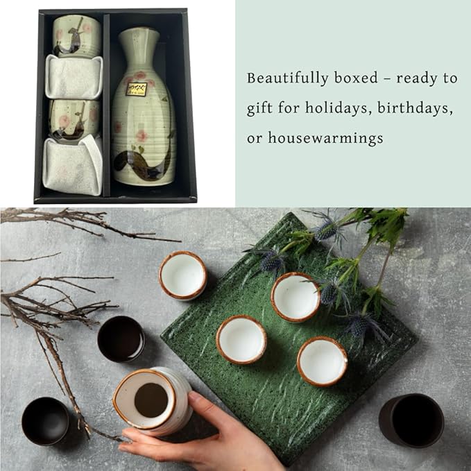 JapanBargain 4977, Japanese Plum Porcelain Sake Set Sake Carafe Bottle Sake Cups for Serving Hot Sake and Cold Sake, Made in Japan, Green, 8.5 oz