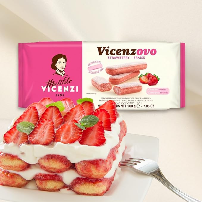 Matilde Vicenzi Vicenzovo Pink Ladyfingers 14.10oz - Italian Strawberry Biscuits, Ladyfingers Cookies for Tiramisu, Kosher Dairy Cookies, Italian Bakery Dessert 7.05 oz (200g), 2Pk