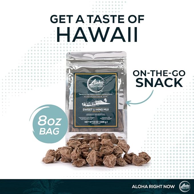 Aloha Right Now - Sweet Li Hing Mui Crack Seed Dried Plums (8 oz) - Li Hing Mui Candy for Snacking & Flavoring any Iced Beverage - Preserved Sweet Sour & Salty Asian Fruit Plum Seeds, Hawaiian Snacks