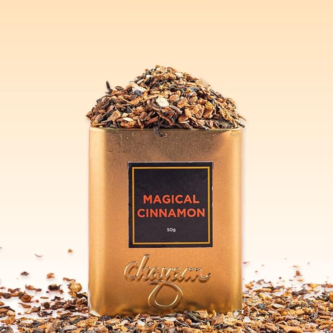 CHAYAM Magical Cinnamon Green Tea ??Loose Leaf, 50g (1.76 oz) ??With Clove, Star Anise & Orange Peel ??Spiced Herbal Tea ??Lightly Caffeinated ??Gift Tin