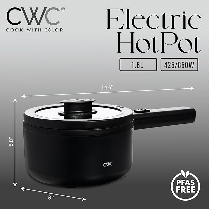 COOK WITH COLOR Electric Hot Pot, 1.6L Mini Cooker, 700W Power, Non-Stick Surface, Thermal Cut-Out Protection, Perfect for Rice, Noodles, Soups, Stews, Dorms, Apartments, and Small Kitchens, Black