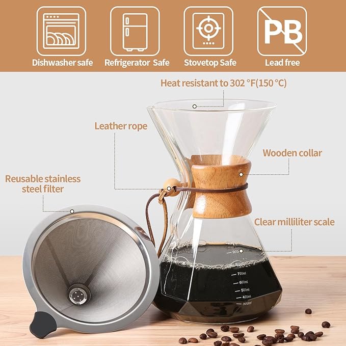 Pour Over Coffee Maker 34 OZ, 10 Cup Borosilicate Glass Drip Coffee Maker with Reusable Stainless Steel Filter and Cork Grip for Home Caf챕 1000 ML (Diamond Shape)