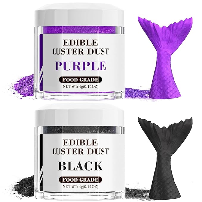 Luster Dust Edible Set - 2 Colors Food Grade Cake Dust Shimmer Powdered, Cherrysea Powder Food Coloring for Cocktails, Cookie Decorations, Cake, Drinks, Fondant, Candy - 4g/Bottle - Black+Purple