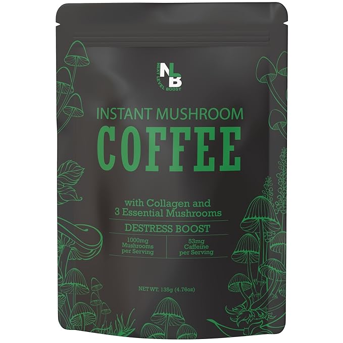 Destress Boost Organic Mushroom Instant Coffee - 135g, 15 Servings Pouch - Healthy Coffee alternative and Substitute - With Gaba, Collagen, Lions Mane and Antioxidants