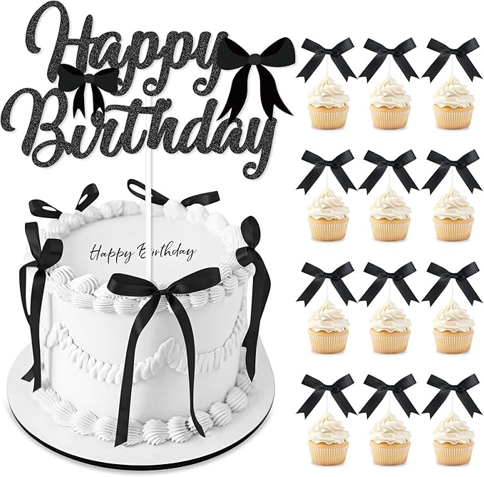 Black Bow Cake Toppers, Happy Birthday Sign, 12Pcs Ribbion Bow Cupcake Toppers & 6Pcs Cake Toppers for Black Bow Birthday Decorations, Baby Shower, Bridal Shower, Graduation Party