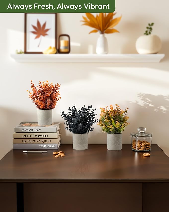 Velener 3 PCS Small Fake Eucalyptus Plant Artificial Potted Plants Indoor for Desk, Shelf, Home Decor Realistic Faux Plant for Office, Bathroom, Living Room Decoration (Fall Green/Orange/Black)
