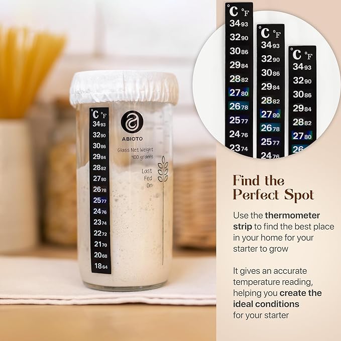 Sourdough Jar Kit, Includes 24 oz Sourdough Starter Jar with Metallic Lid, Silicone Spatula, Feeding Tracker, Extra Thermometer Strips & Breathable Covers ??Sourdough Bread Starter Kit